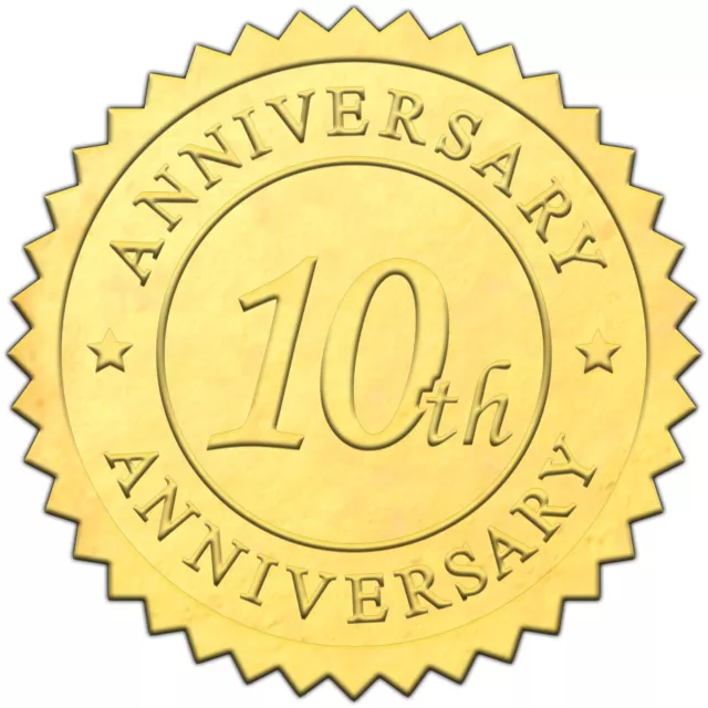 A Package of 50 Elegant Embossed Gold Foil Certificate Seals - 10th ANNIVERSARY