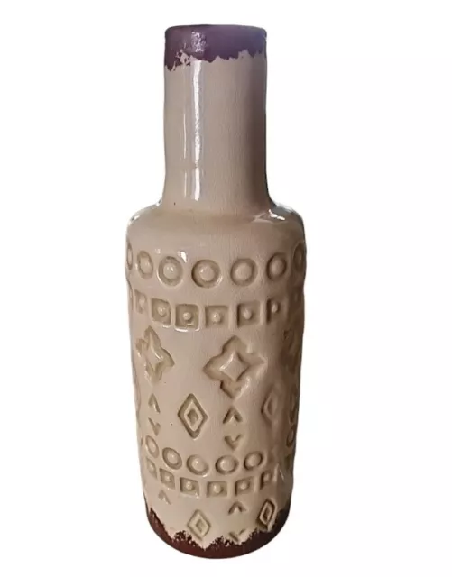 Vintage Brown Impressed Ceramic Bottle Vase 8"  Handmade Unmarked Unique!