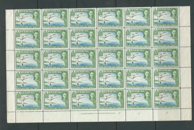 BERMUDA 1938 KGVI WHITE TAILED TROPIC BIRD (SG 114c) part sheet of 30 MNH