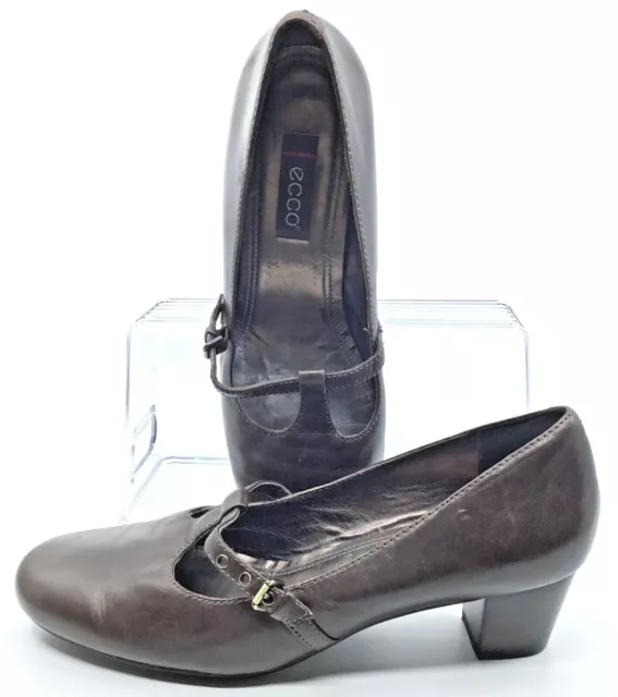 ECCO Mary Jane Pump Women EUR Sz 41 US 10-10.5 Brown Leather T-Strap Buckle Heel