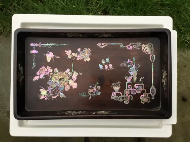 antique Chinese wooden tray mother of pearl inlay