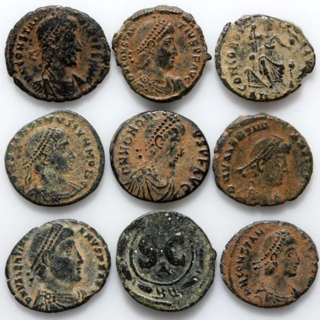 Nice lot of 9 Ancient Late Roman bronze coins-Circa 400-500 A.D