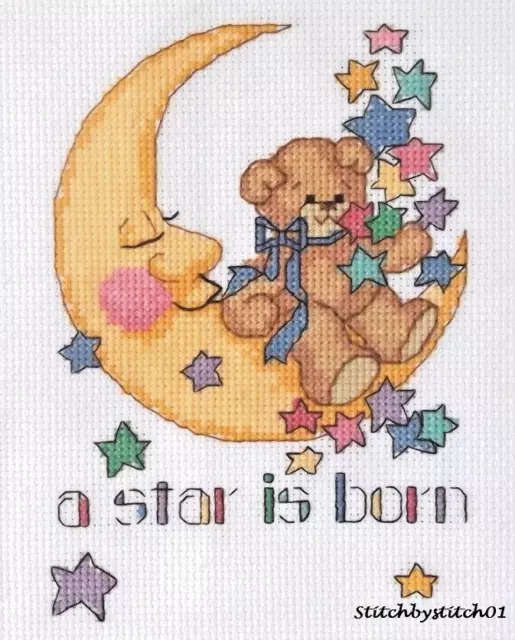 A Star Is Born Completed Cross Stitch Baby Birth Sampler Picture 8x6" Baby Gift