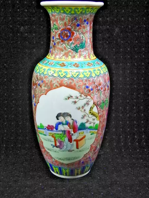 Grand Vase Ancien Porcelaine Emaillee Asiatique Chine Chinese Socle Bois Sculpte