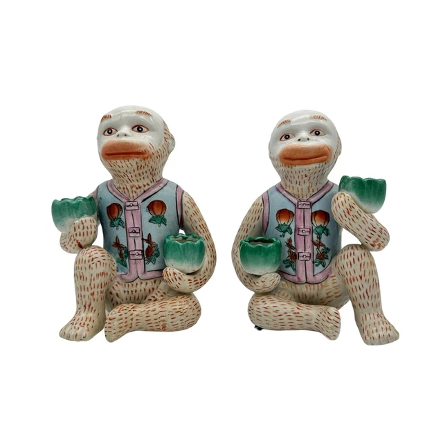 Andrea Sadek Chinoiserie Seated Monkeys & Lotus Bowls Candle Holders Set of 2