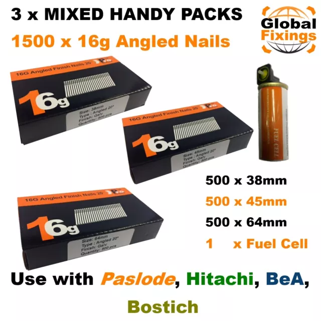 MIXED 38mm,45mm,63mm 16g ANGLED 20° 1.5k Nail Pack & 1 Fuel Cell - Paslode IM65A
