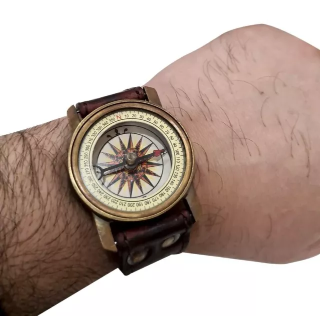 Antique Vintage Style Marine Nautical Brass Sundial Compass Wrist Watch Gift