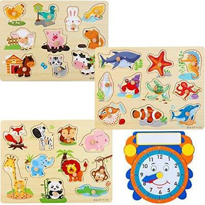 Wooden Peg Puzzles for Toddlers and Babies – (Pack of 3 with Learning Clock) Ani