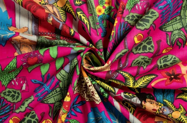 Indiano Frida Kahlo Rosa Stampato Tessuto Puro Cotone Abito 4.6m Handmade 3