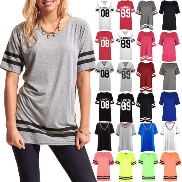 Womens Ladies Stripe Baseball Oversized Top Cap Sleeve Sports Pullover T Shirts