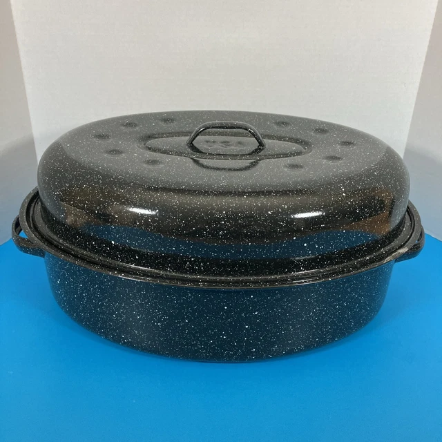VINTAGE ENAMELWARE Black White Speckled Roasting Pan Lid Turkey Roaster