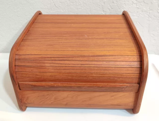 Vtg MCM Kalmar Designs Teak Tambour Roll Top Storage Box Desk Organizer 9.5x10.5