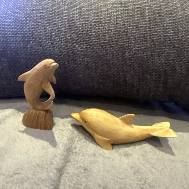 Vintage Hand Carved Wooden Dolphin Figurine light wood