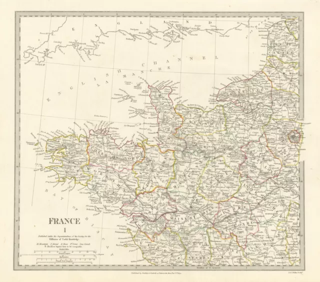 FRANCE NORTH WEST. Bretagne Normandie Loire Centre.Hand coloured.SDUK 1844 map