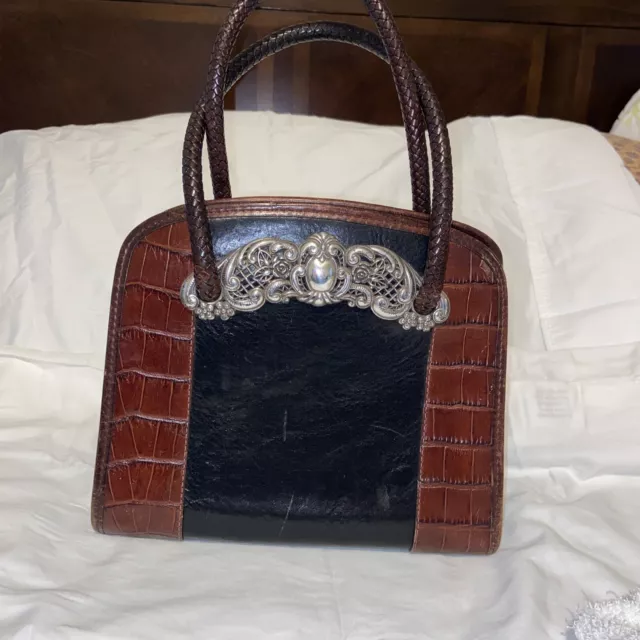 Vintage Brighton Brown Croc Trim Black Leather Purse Shoulder Bag Crossbody