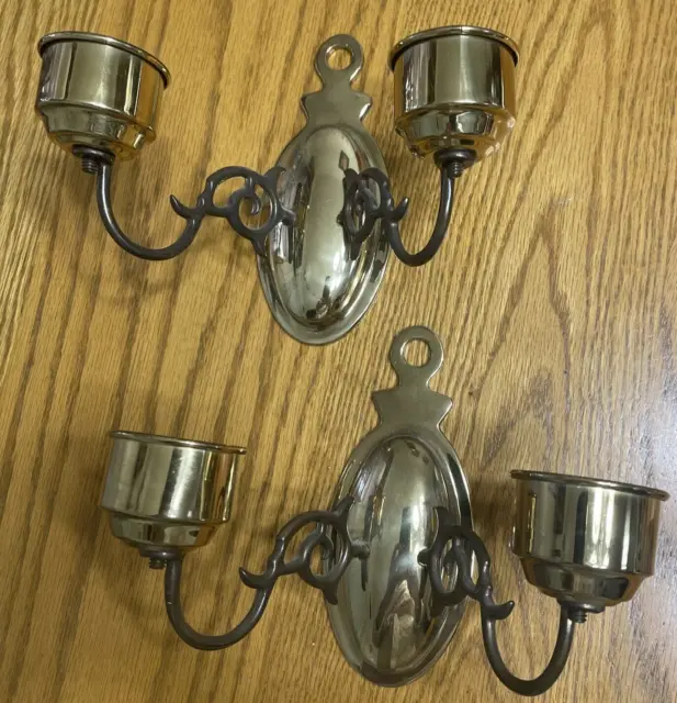 Heavy Vintage Shiny Brass Wall Sconces 2 Arm  Candle Holders Pair 6.75 x 2.75 in