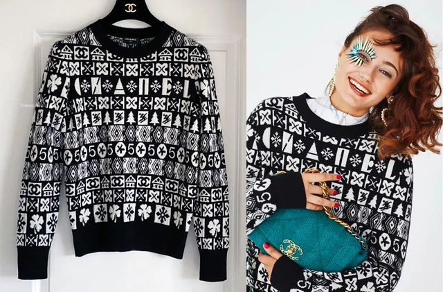 NWT 19B CHANEL Coco Neige Black White Cashmere Cc Logo Print