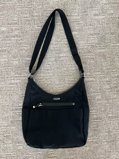 Baggallini Hobo Tote Bag Crossbody Purse Nylon Satchel Black Pocket Vacation Zip