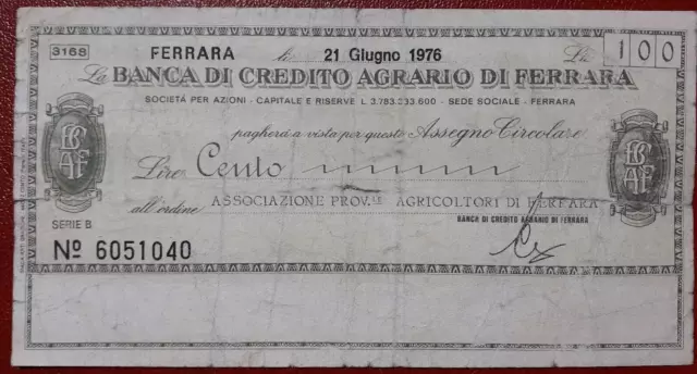 Miniassegno Banca Credito Agrario Ferrara Lire 100 Ass. Agricoltori 21.06.1976