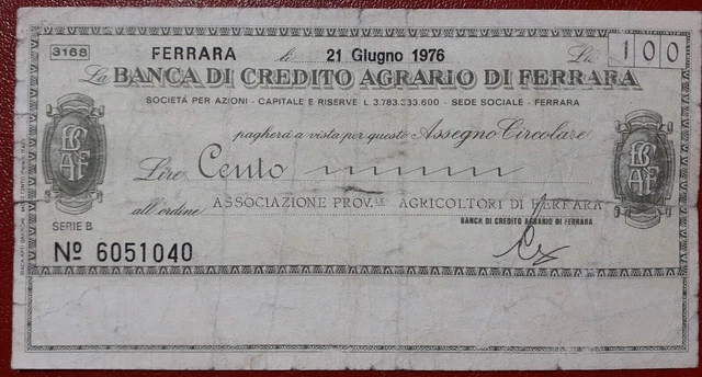 Miniassegno Banca Credito Agrario Ferrara Lire 100 Ass. Agricoltori 21.06.1976