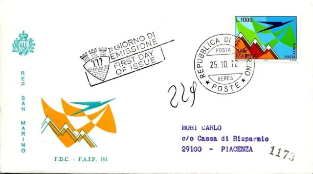 Storia Postale - FDC FAIP - Repubblica San Marino - 1972 - Posta Aerea - 1000 L