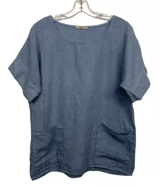 Francesca Bettini Italy Womens size M Blue Linen Tunic Top Lagenlook Pockets