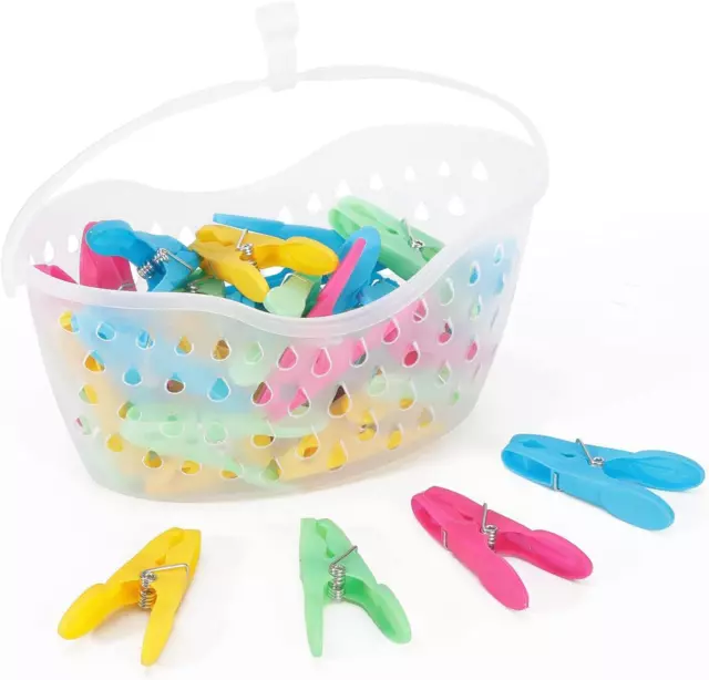 Vinsani Plastic Clothes Peg Basket 36 Piece Set Multicoloured - Strong Grip and