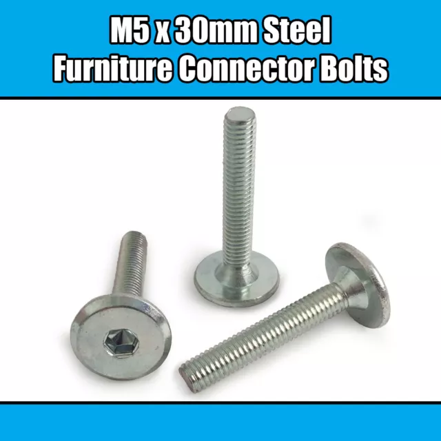 M5 x 30mm Steel Hex Drive Furniture Connector Bolts Flat Head Joint Bed Cot Desk