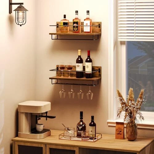 Wall Mounted Wine Rack 2 Pack, Wine Shelf Hanging Floating Wall Shelves, Wine