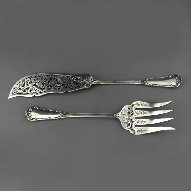 Antique French Solid Sterling Silver Fish Serving Serving Knife & Fork Set. 1890