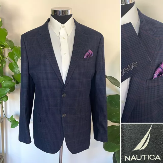 Nautica Mens Two Button Blue Plaid Blazer Poly Blend Sport Coat Jacket Size 46R