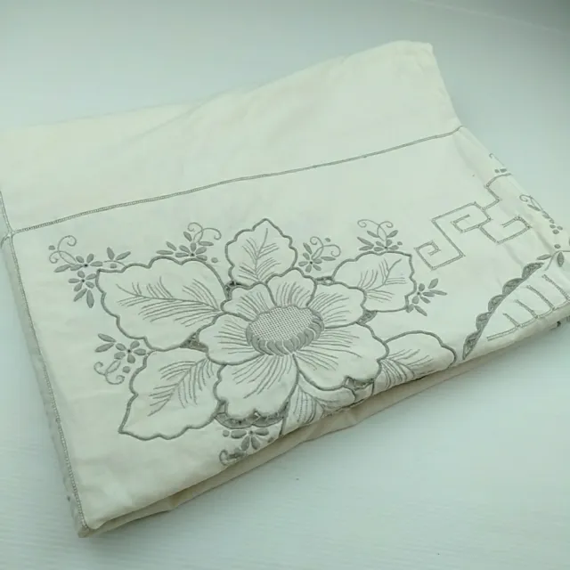 Vintage Tablecloth Hand Embroidered Flowers Beige 240cm x 150cm