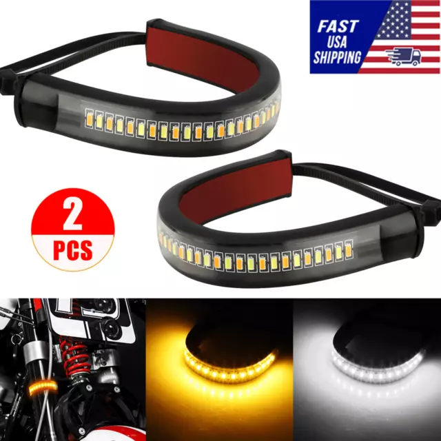 2 LED Motorcycle Turn Signals Light FORK Strip Flowing Amber For Harley Davidson