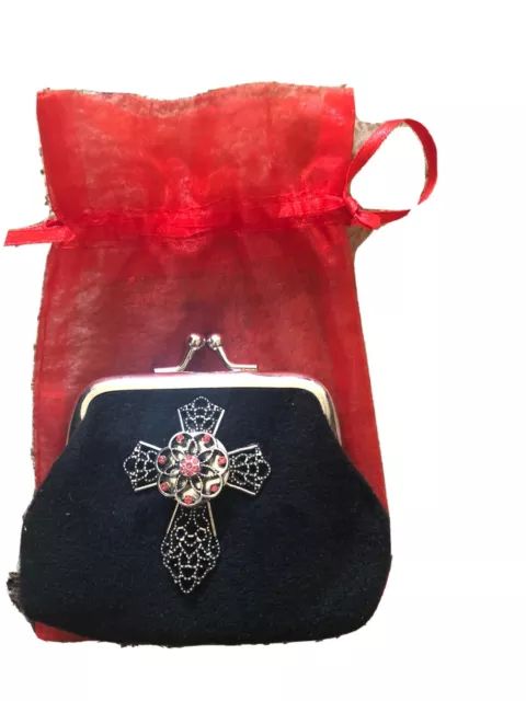NWT Silver Cross Coin Purse Black Velvet Change Purse Wallet Christian