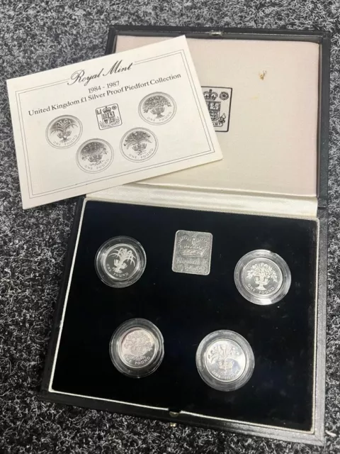 1984-1987 Royal Mint UK £1 Silver Proof Piedfort Collection with Case & COA