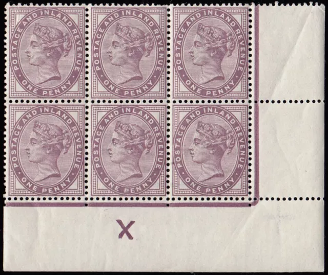 SG172 1881 1d. Lilac die II, "Inverted X" control block of 6.