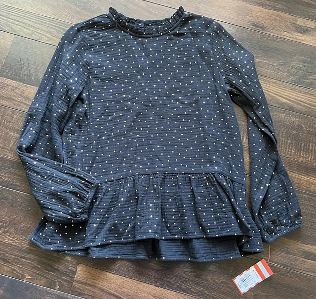 NWT Cat & Jack Girls Size XL 14/16 Black Top Gold Polka Dots Shirt Blouse Dressy