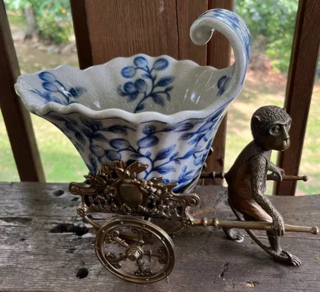 Antique Brass  Ormolu Monkey With Blue And White Porcelain Planter Basin