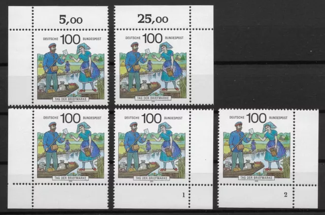 Bund 1991 ** 5x Mi 1570 Tag der Briefmarke jede Ecke Formnummer 1+2 Fn1+2 02861A