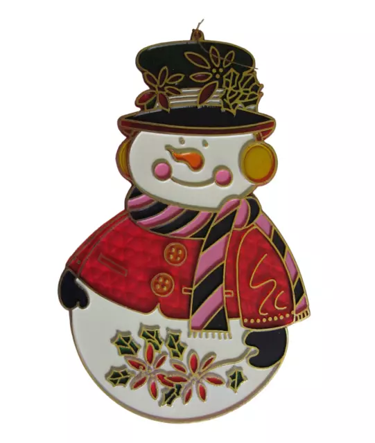 VTG Snowman Suncatcher Christmas Plastic Stained Glass Scarf Hat Jacket Ear Muff