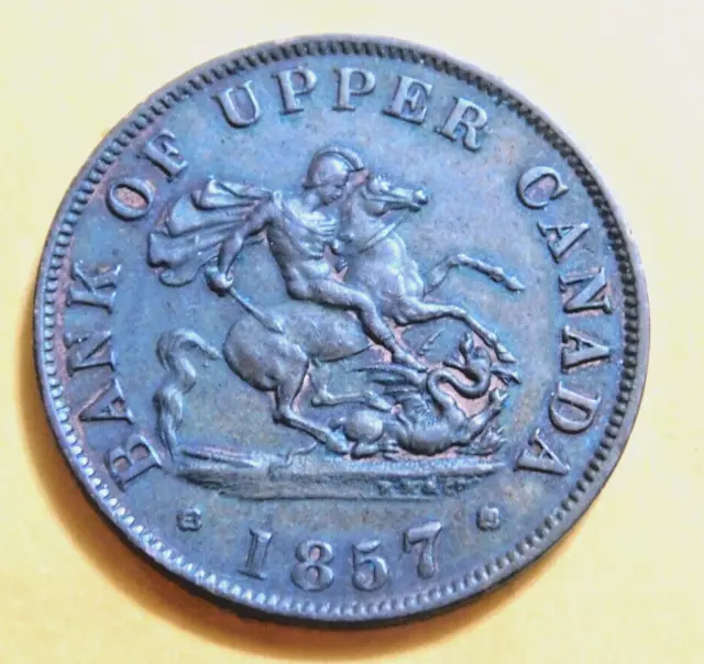 1857 UPPER CANADA vintage UK Queen Victoria HALF PENNY BANK TOKEN dragonslayer