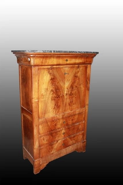 Secretaire francese stile Impero del 1800 in piuma di mogano con piano in marmo
