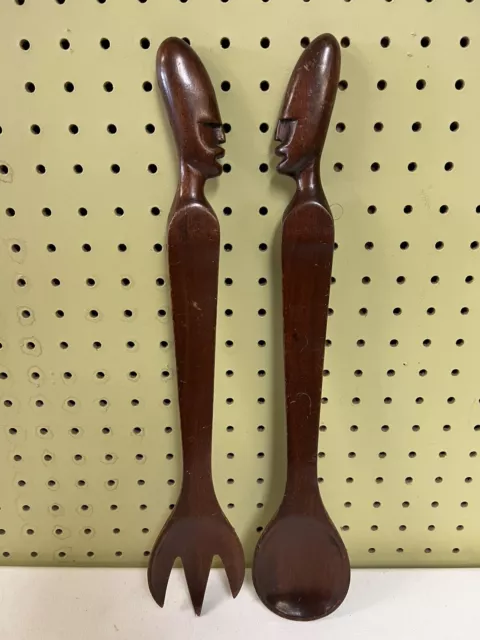 ¿Madera africana vintage? Utensilios para servidores de horquilla de cuchara para ensalada con cabeza de figura