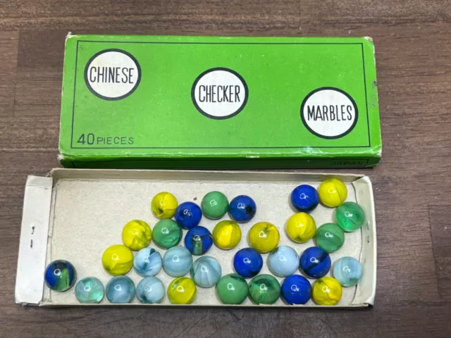 Vintage Box Of Chinese Checkers Marbles Made In Japan! 31 PeeWee Marbles In Box
