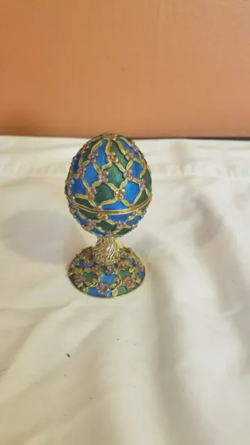 Faberge Rucinni Style Jeweled Enameled Egg Shaped Trinket Box - Green and Blue 3