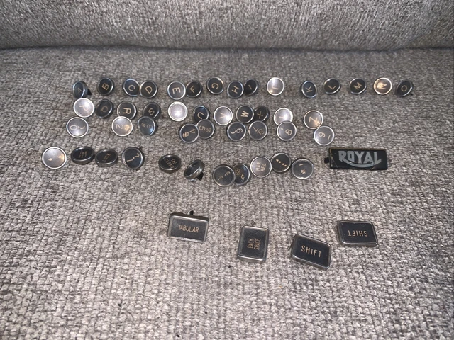 50 Vtg Salvaged Royal Typewriter Keys Black Glass Face Letters Numbers Art READ!