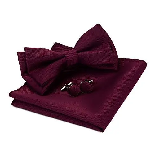Mens Solid Color Two Layer Pre-tied Bow Tie and Pocket Square Burgundy