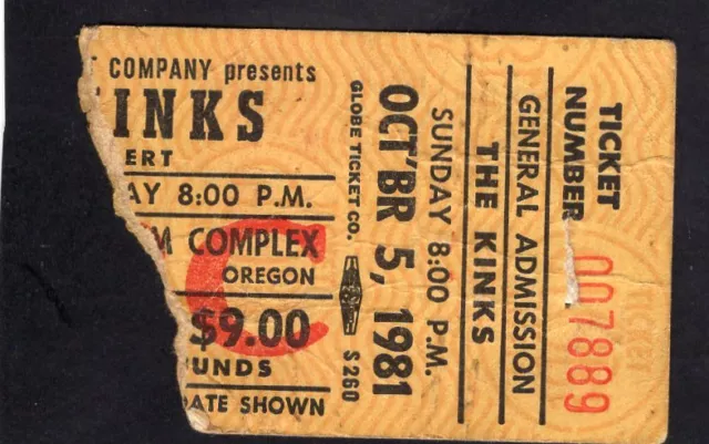 1981 The Kinks concert ticket stub Oregon You Really Got Me Lola