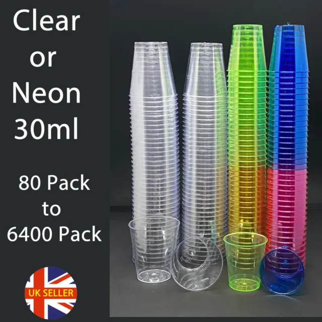 Plastic Shot Drinking Glasses Clear or Neon Party Bar Games Drink 30ml REUSABLE