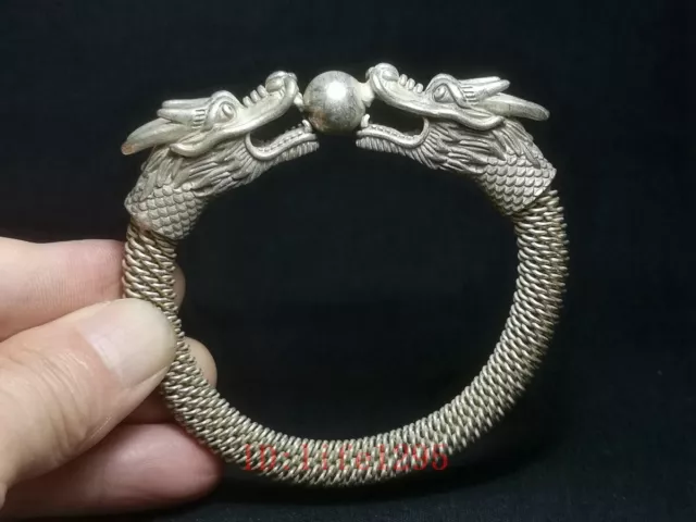 Old Chinese Tibet Silver Carving Dragon Handmade wire Exquisite Bracelet gift